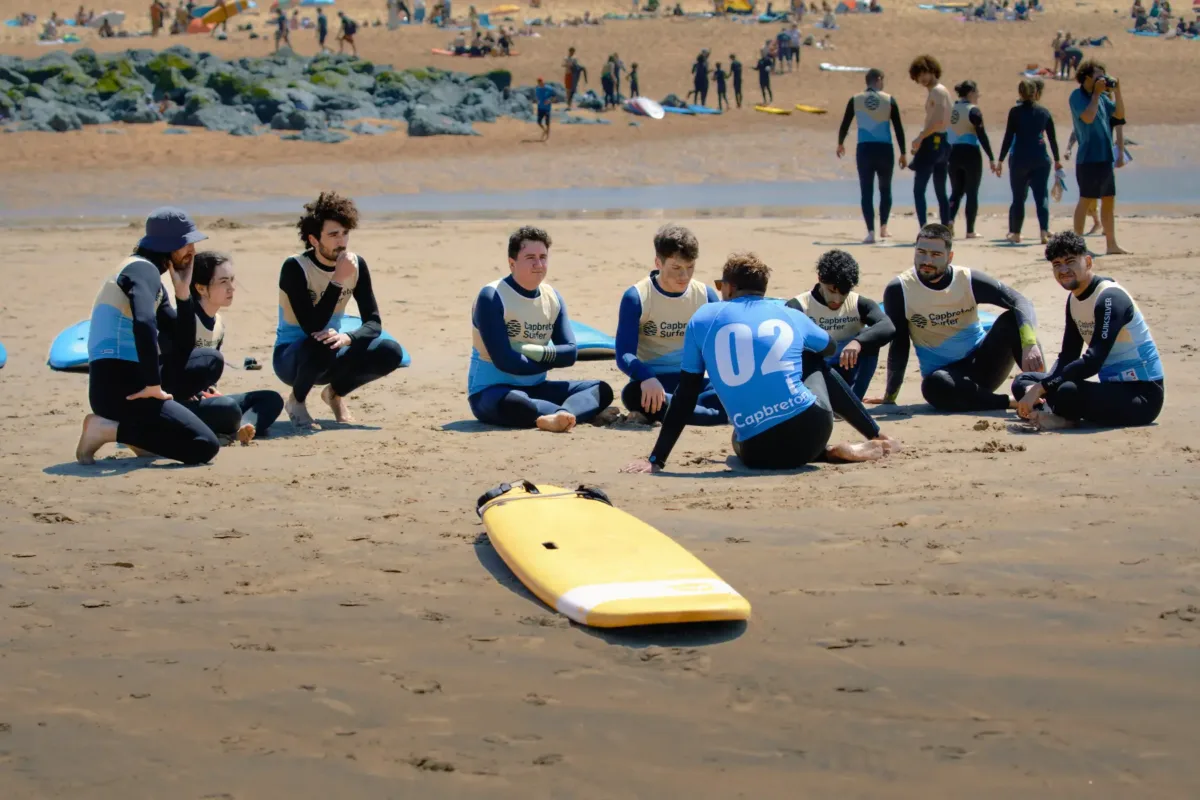 A group of surfers sitting on the beach, listening to an instructor in a blue wetsuit, with a yellow surfboard in front of them, illustrating a training session where instructions are given before going in the water